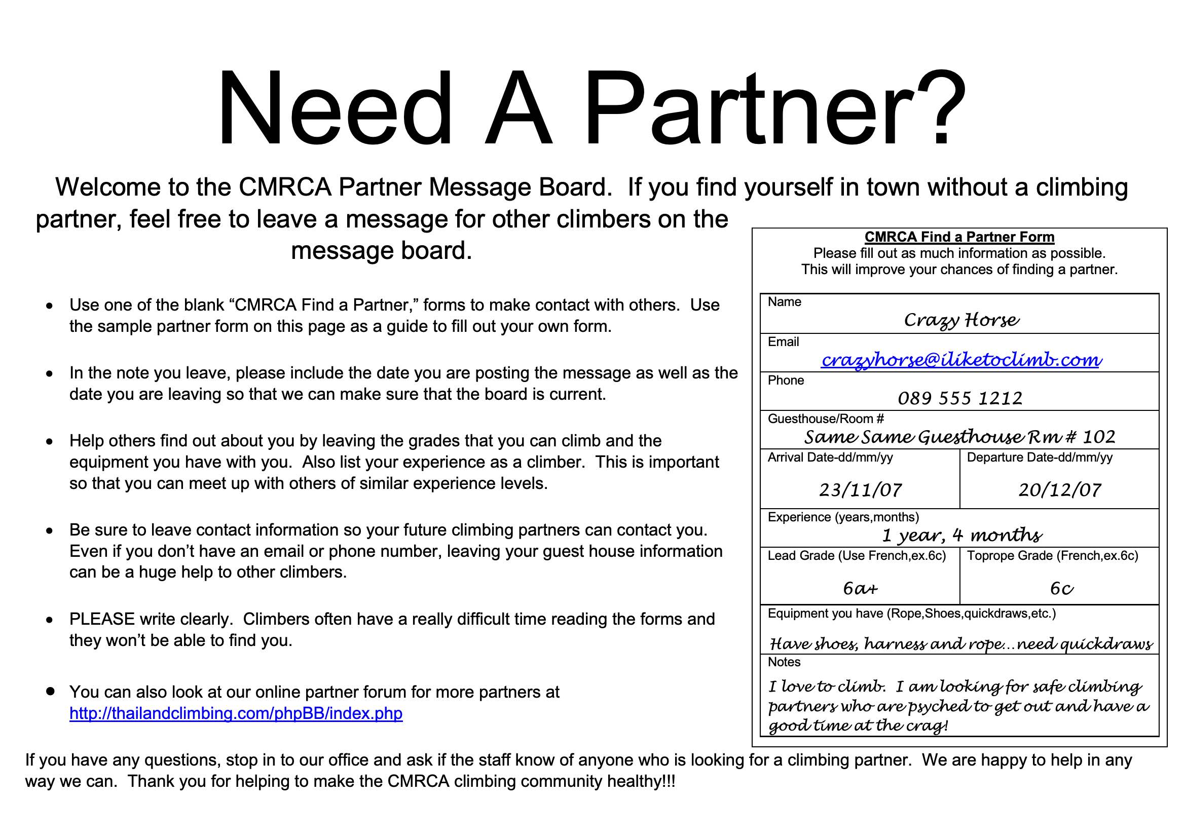 CMRCA find a partner form for traveling climbers